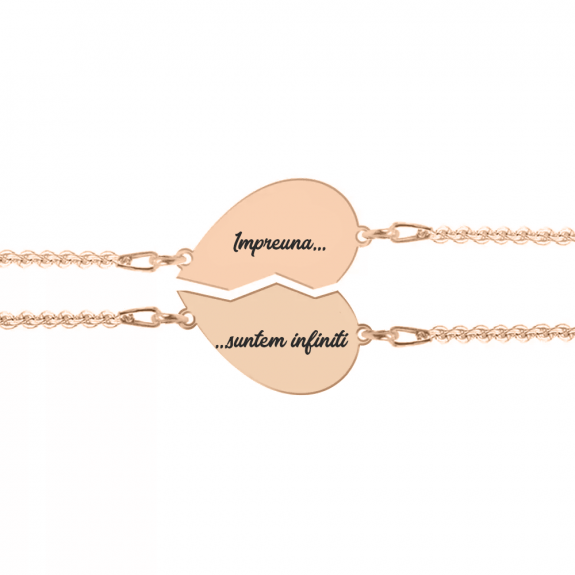 Set bratari argint cuplu inimioare 16 mm (2 bucati incluse) - personalizate cu text - placate cu aur roz